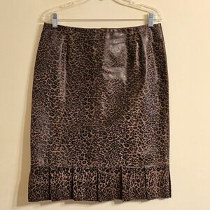 Doncaster Signature Leopard Print Leather Skirt Pleated Hem Brown Womens 10